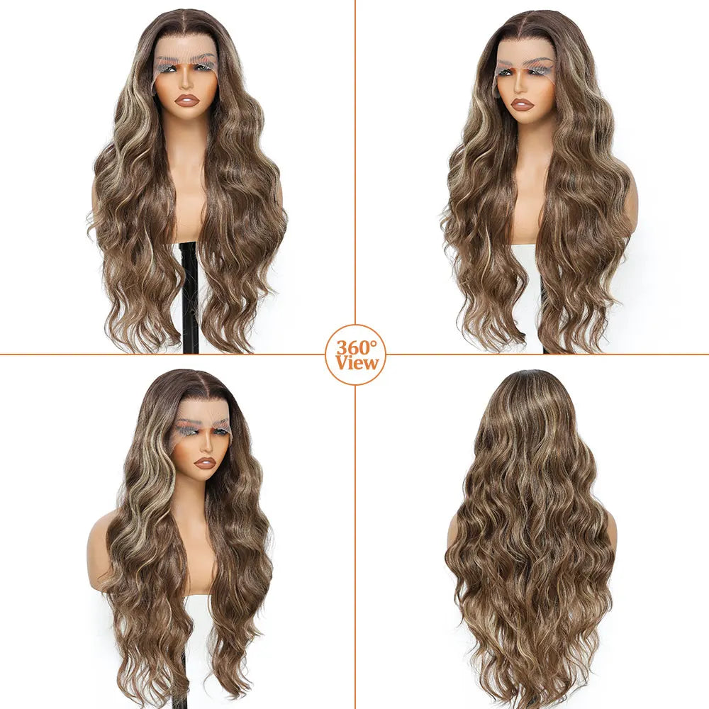 30 Inches 13x4 Body Wave Lace Front Wig Synthetic Loose Deep Wave Highlight 300 Grams Baby Hair Lace Frontal Wig For Women