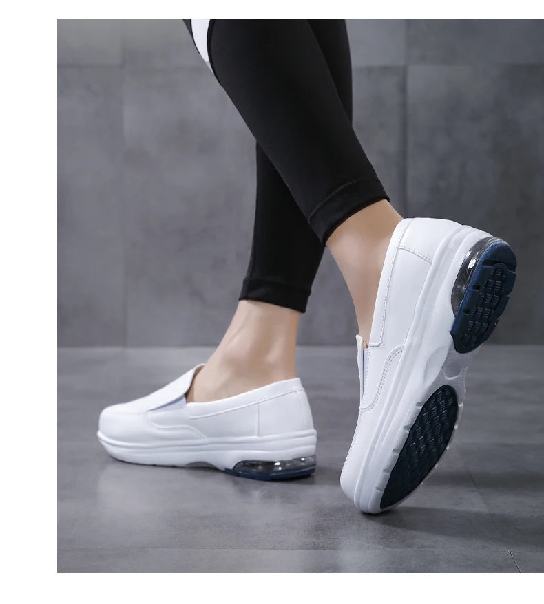 Professional White Leather Hospital Work Shoes Four Seasons Comfortable Breathable Nurse Shoes Women's Thick Base Single Shoes