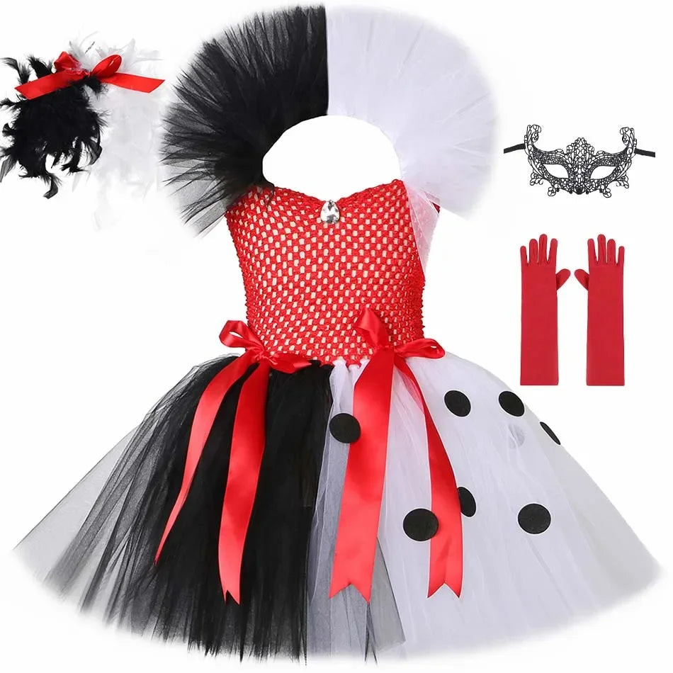 Halloween Crulla Cosplay Costume Cruella Tulle Dress Party Girls Black White Carnival Kids Cruella Wig Lace Mask Suit Clothes