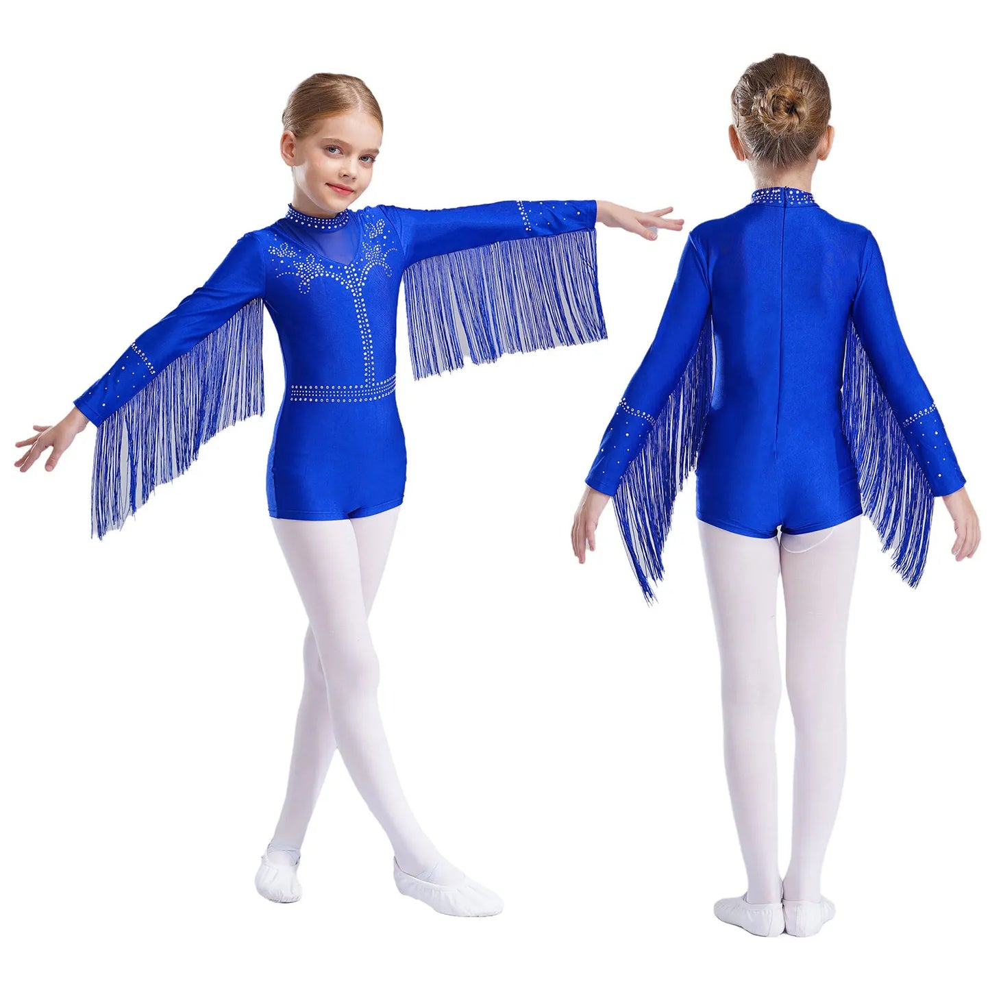 Girls Leotards Jumpsuit for Jazz Latin Skating Competition Costume Tassels Long Sleeve Rhinestones Bodysuit Modern Dancewear