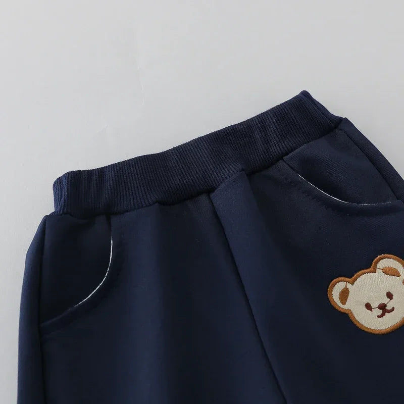 2PCS Children's Set Spring and Autumn Simple Little Bear Head Round Neck Long Sleeve Pants Outdoor Set for Young Children