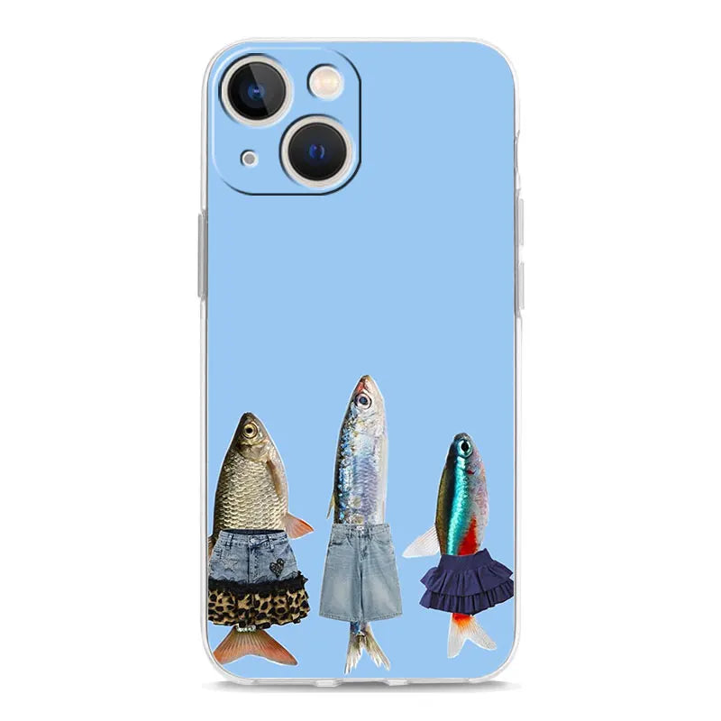 Soft TPU Transparent Phone Case Cover for iPhone 17 16 15 14 13 12 11 Pro Max 17 Air 7 8 Plus Fundas Funny Fish Sardines Laser