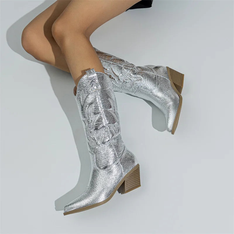 Liyke Big Size 42 43 Western Style Cowboy Boots For Women Fashion Embroider Leather Autumn Winter Low Heels Long Shoes Booties