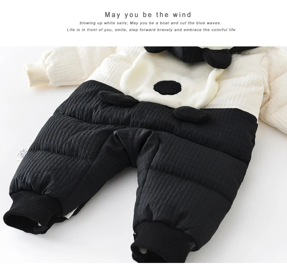 2024 Winter Baby Long Sleeve Warm Hooded Romper Cute Panda Print Newborn Plus Velvet Thick Jumpsuit Infant Girl Boy Warm Clothes