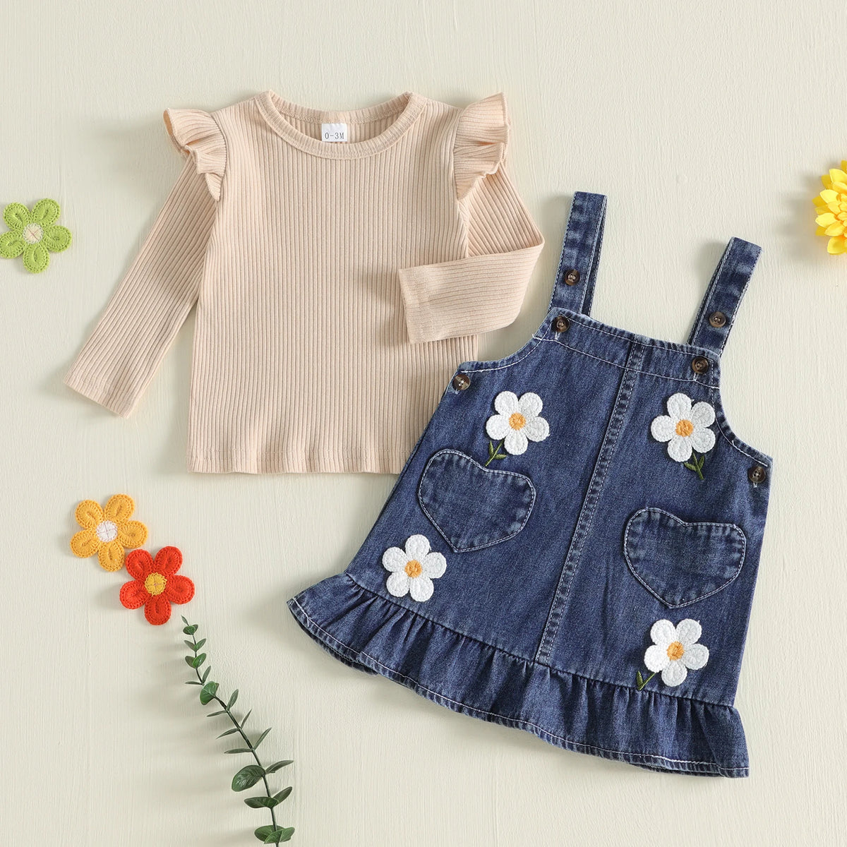 Baby Girl Fall Winter Outfit Fly Long Sleeve T Shirt Sleeveless 3D Flower Denim Dress 2Pcs Set