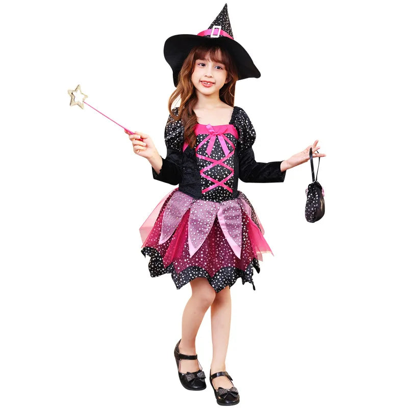 2026 Girls Halloween Cosplay Witch Dress With Hat Bag Costume Carnival Vestidos Kids Party Cosplay Dress Children Costume