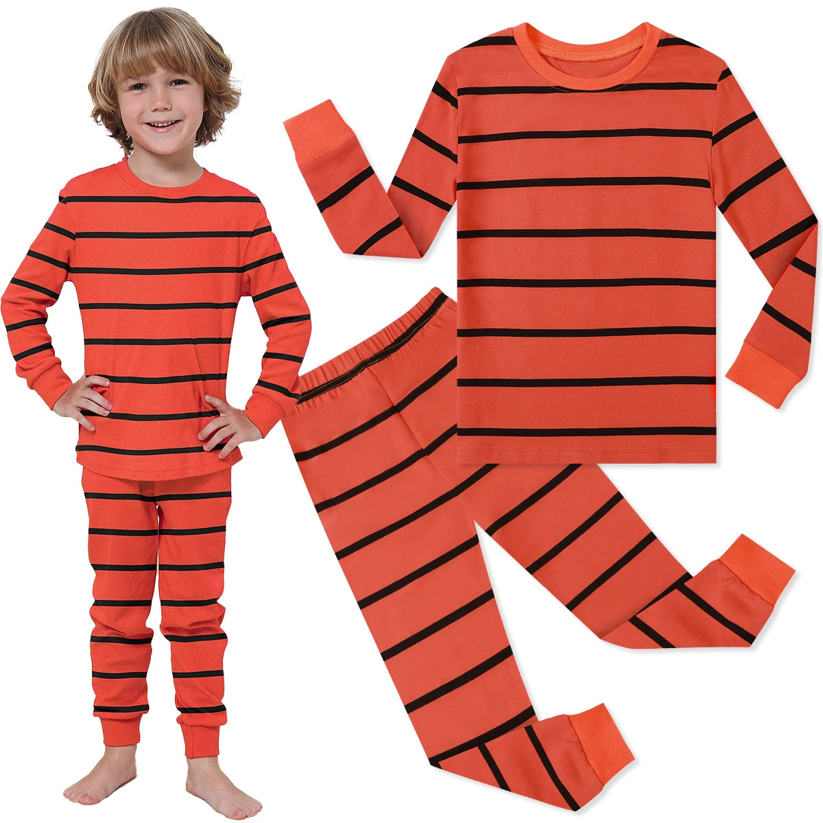 Halloween Pajamas for Kids Toddler Boys Stripe Orange and Black Pyjamas Set Carnival Cosplay Party Gift Winter Cotton Costume
