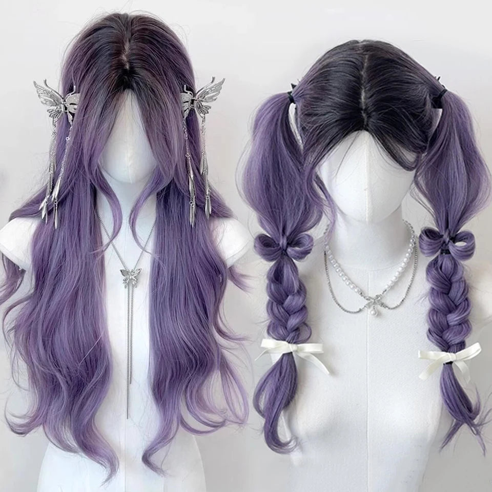 Synthetic Long Curly Wavy Lolita Wig with Bangs Wig Girl Cute Ombre Pink Blonde Black Cosplay Party Halloween Harajuku Wig