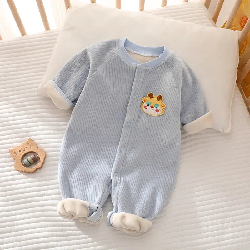 Winter Baby Jumpsuit Long Sleeves and Long Pants Warm Double-faced Fleece Cartoon Design for Boys Girls Bodysuit