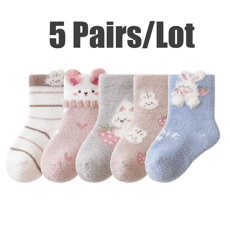 3/5 Pairs Cute Cartoon Newborn Girls Socks Winter Warm Mid Calf Toddler Socks Soft Thickened Socks for Infant Toddler Girls