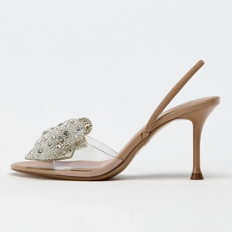 Luxury Glitter Rhinestone Bow Designer Heeled Sandals Women Summer Peep Toe Back Strap High Heels Elegant Party Wedding Shoes