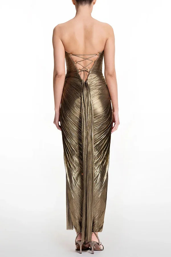 Lady Temperament Off Shoulder Pleats Slim A-line Dress Backless Irregular Long Dress Fashion Strapless High Waist Cocktail Dress