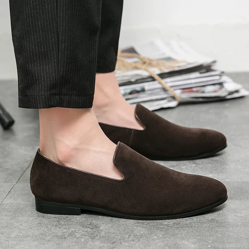 Fashion Classic Men Suede Shoes Male Pointed Brown Black Slip On Loafers Wedding Dress Homecoming Formal Footwear Zapatos Hombre