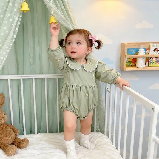 0-24M New Newborn Baby Girl Lapel Korean Style Bodysuit Autumn Long Sleeved Cotton Embroidery Climbing Suit Baby Girl Clothing