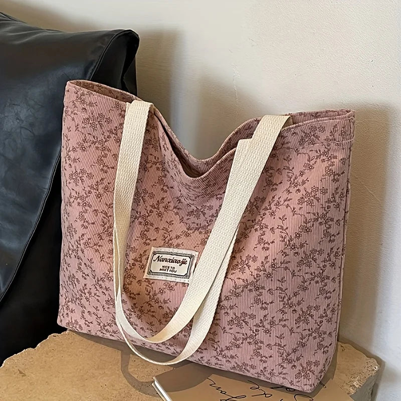 Stylish Corduroy Tote Bag for Women Bohemian Ethnic Style Shoulder Bag for Daily Commuting Shopper Office Worker College Student