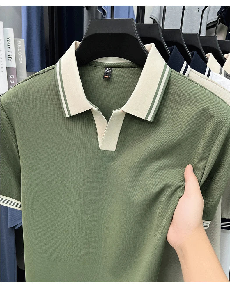 Light luxury summer new short sleeve polo shirt silky breathable high-end men's fashion personalized color blocked lapel T-shirt