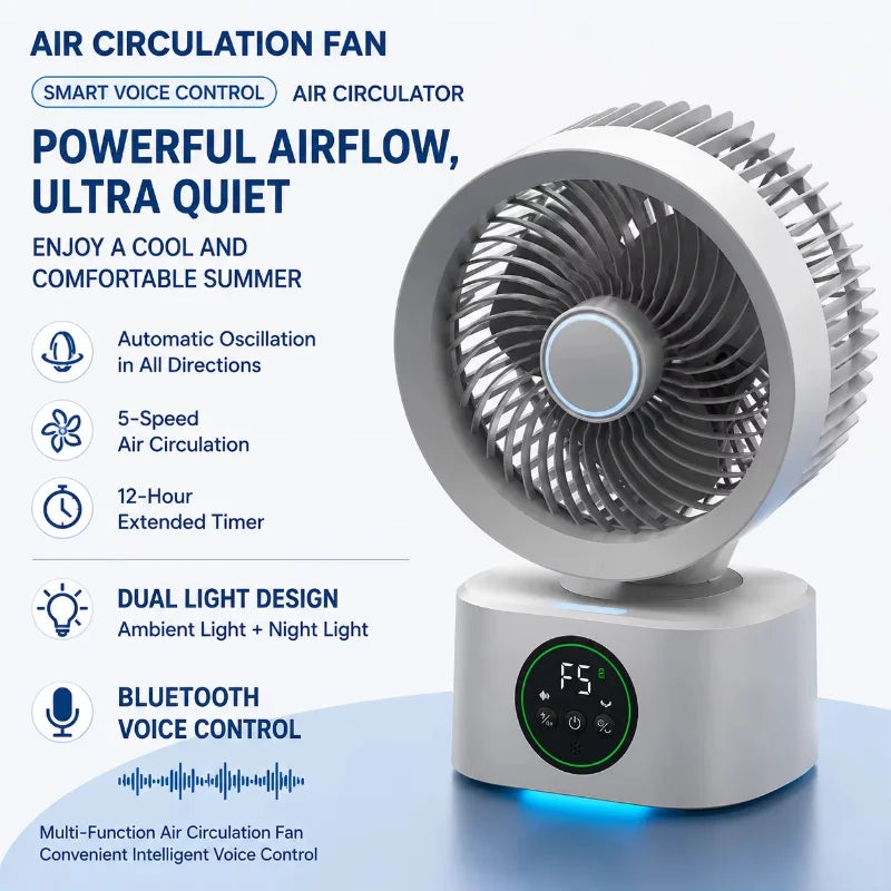 Portable Air Circulation Fan Smart Voice Remote Control USB Rechargeable Desktop Wall-Hanging Shaking Head Fan with Nightlight