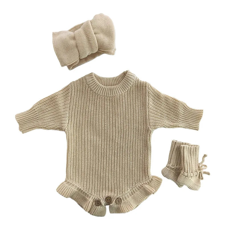 Autumn Baby Knitted Romper Headband Hat Socks Set 3Pcs Solid Color Newborn Outfit Cotton Warm Infant Shower Clothing Gifts