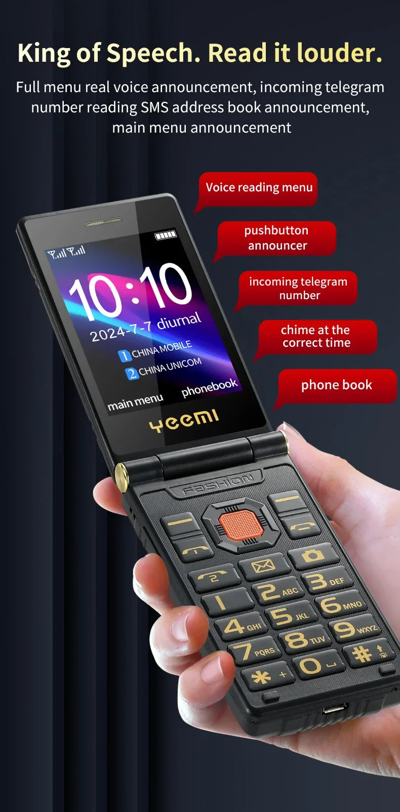 YeeMI M7 2G Rugged Feature Phone Dual SIM Dual Screen Large Fonts For Old Man 6800mAh Cellphone FM Radio SOS Russian Version