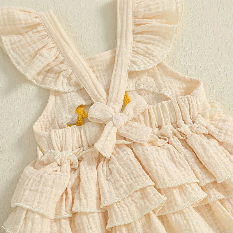 Newborn Baby Girls 1st Birthday Romper Dress Summer Cute Daisy Letter Embroidery Fly Sleeves Ruffles Jumpsuit and Headband Set