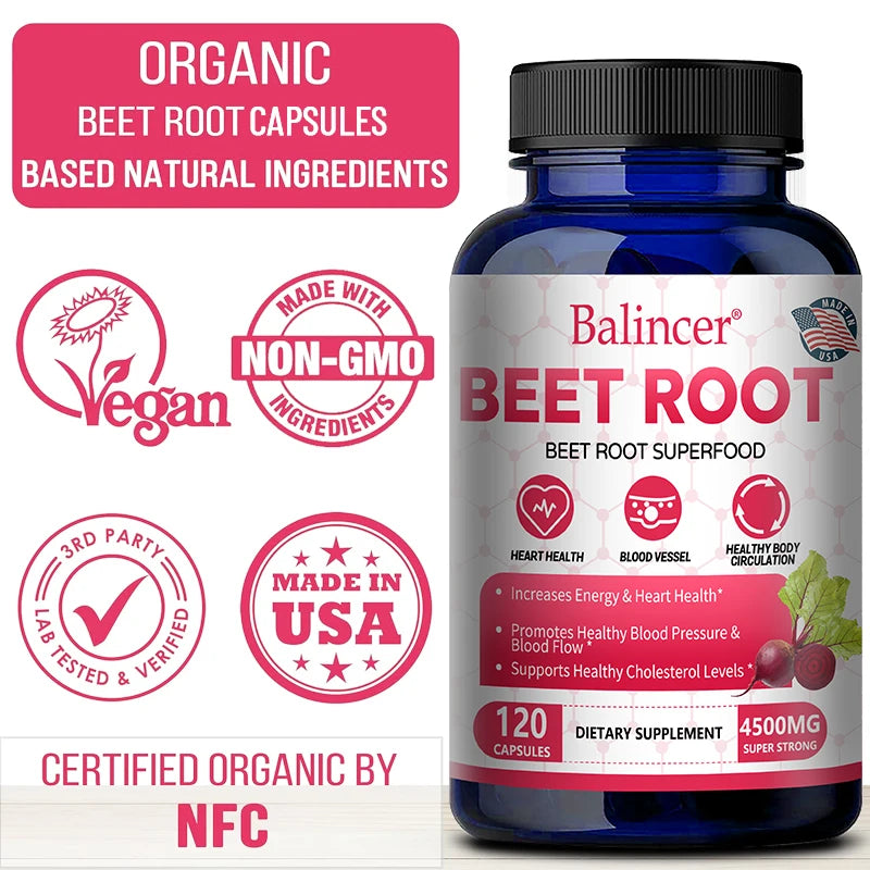 Beetroot Capsules 2500mg, Support Daily Blood Circulation, Cardiovascular Wellness, Physical Endurance & Immune Balance