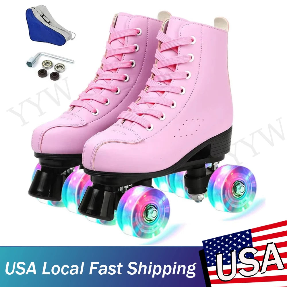 Pink Roller Skate Shoes PU Leather Roller Skates Skating Shoes Sliding Inline Quad Skates Sneakers 4 Wheels Flash Wheel Sneakers