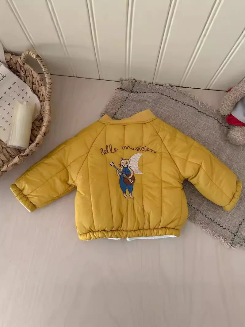 2025 Winter New Baby Fleece Warm Coat Cartoon Embroidery Boys Girls Cotton Padded Jacket Plus Velvet Thick Kids Quilted Jacket