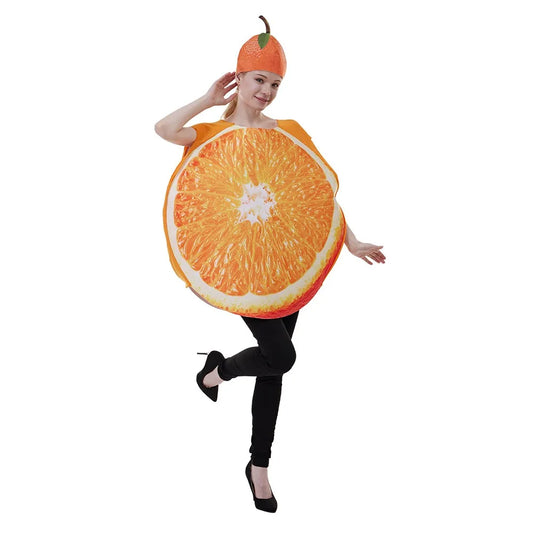 Halloween fun fruit slice costume for adults - wearing an orange outfit as a vegetable at a party in a bar for a performance.