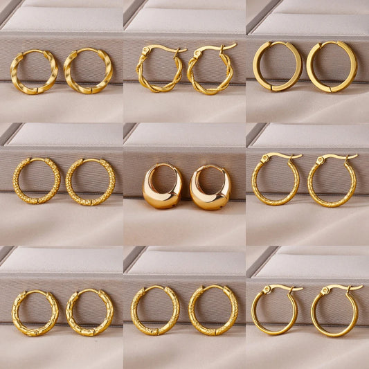 Vintage Chunky Round Earrings For Women Gold Color Stainless Steel Twisted Hoop Earring Statement Wedding Christmas Jewelry Gift