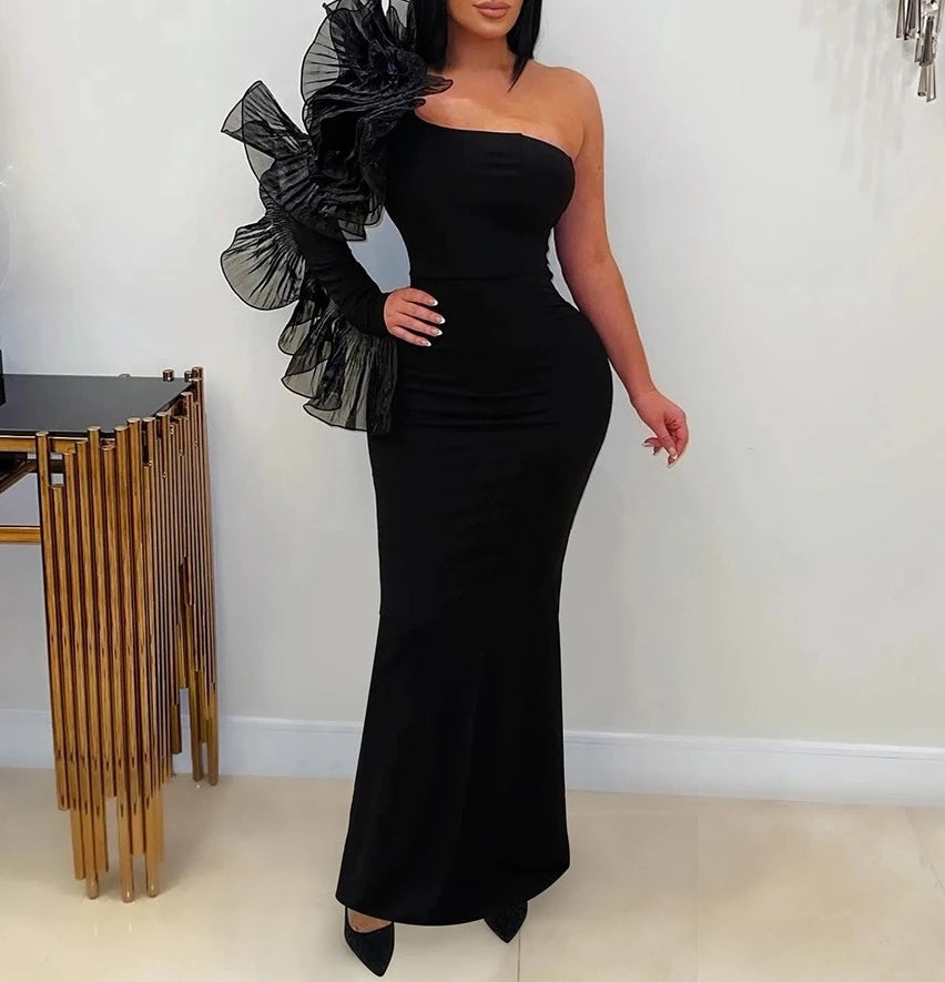 One Shoulder Long Dress Women Elegant Party Dresses Ruffles Sleeve Bodycon Evening Summer Dresses Female Birthday Dress HWY1896