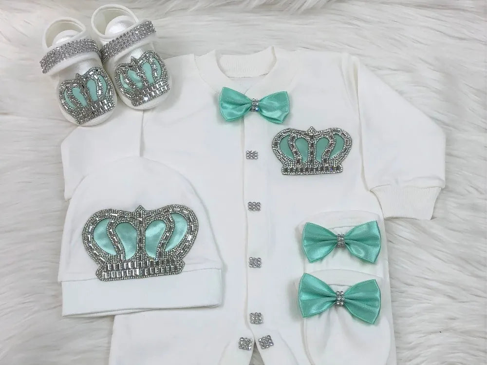 Dollbling Baptism Outfit Boy Prince Luxury Bling Christening Coming Home Romper Bonnet Set Mittens Nursery Hospital Clothing set