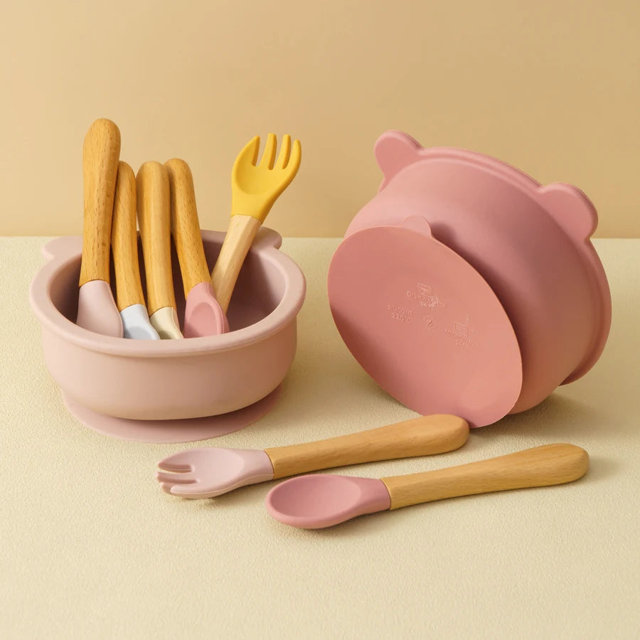 Mamaplan Baby Silicone Tableware Wooden Handle Spoon Fork Feeding Sucker Bowl Training Learning Baby Stuff  Baby Dinner Set