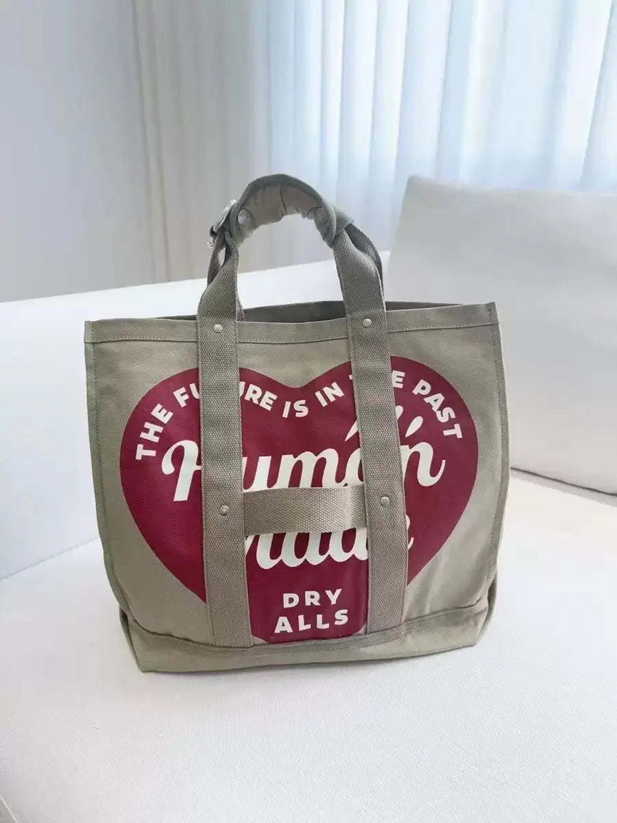 HUMAN MADE Canvas Tote Large Heart Print Heavy Duty Cotton Shoulder Bag Casual