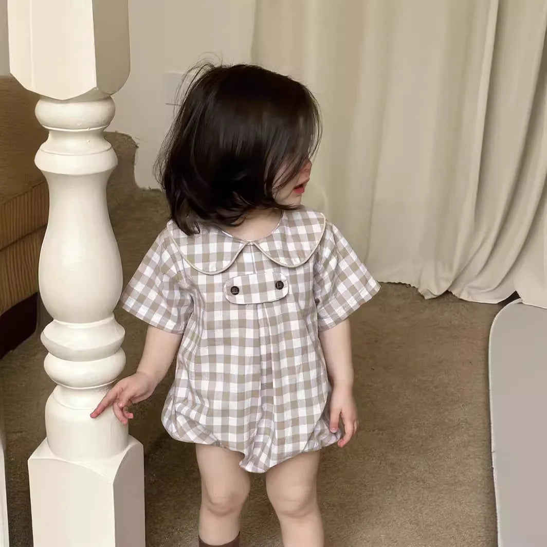 2025 Summer New Baby Girl Plaid Bodysuit Newborn Toddler Girl Dot Print Short Sleeve Jumpsuit Cute Infant Princess Clothes