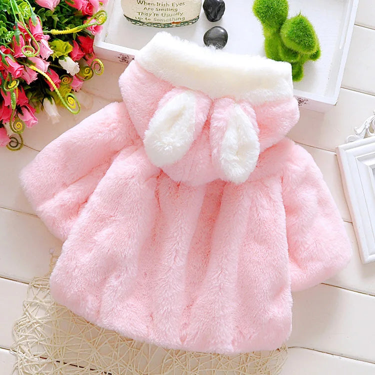 Winter Kids Jacket Newborn Girls Clothes Korean Cartoon Cute Hooded Thick Warm Fake Fur Fleece Pink Baby Tops Toddler Coat BC719