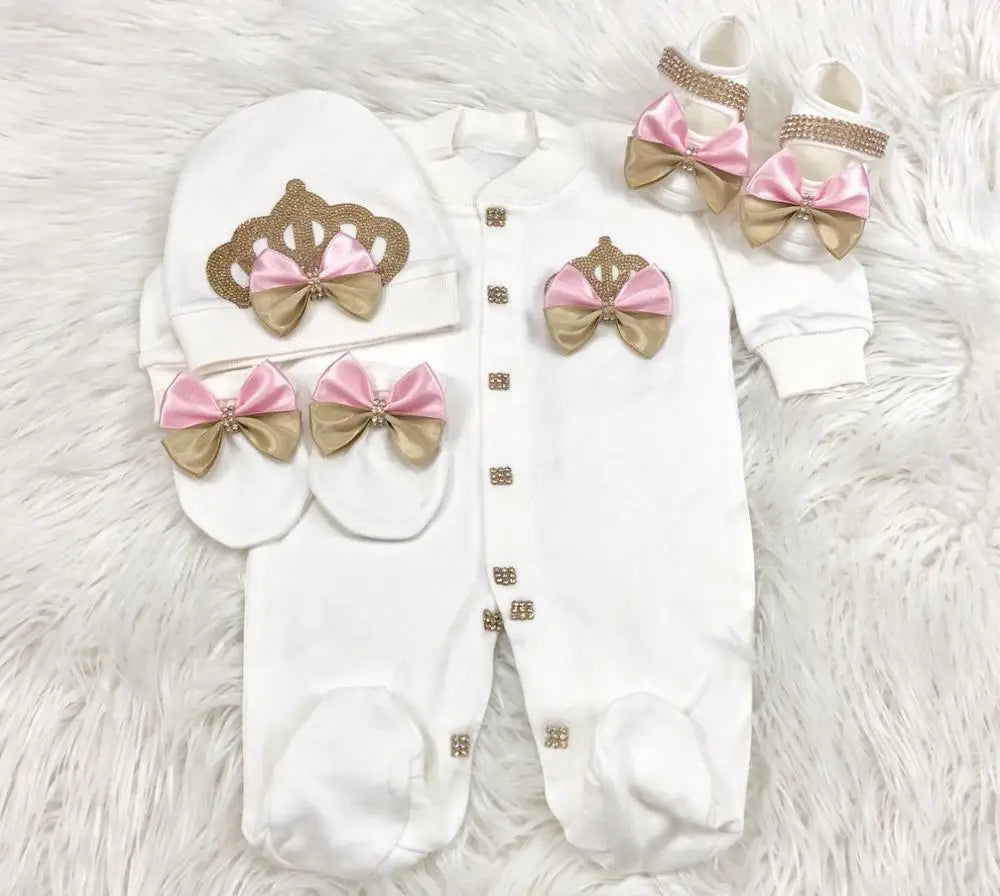Dollbling Baptism Outfit Boy Prince Luxury Bling Christening Coming Home Romper Bonnet Set Mittens Nursery Hospital Clothing set
