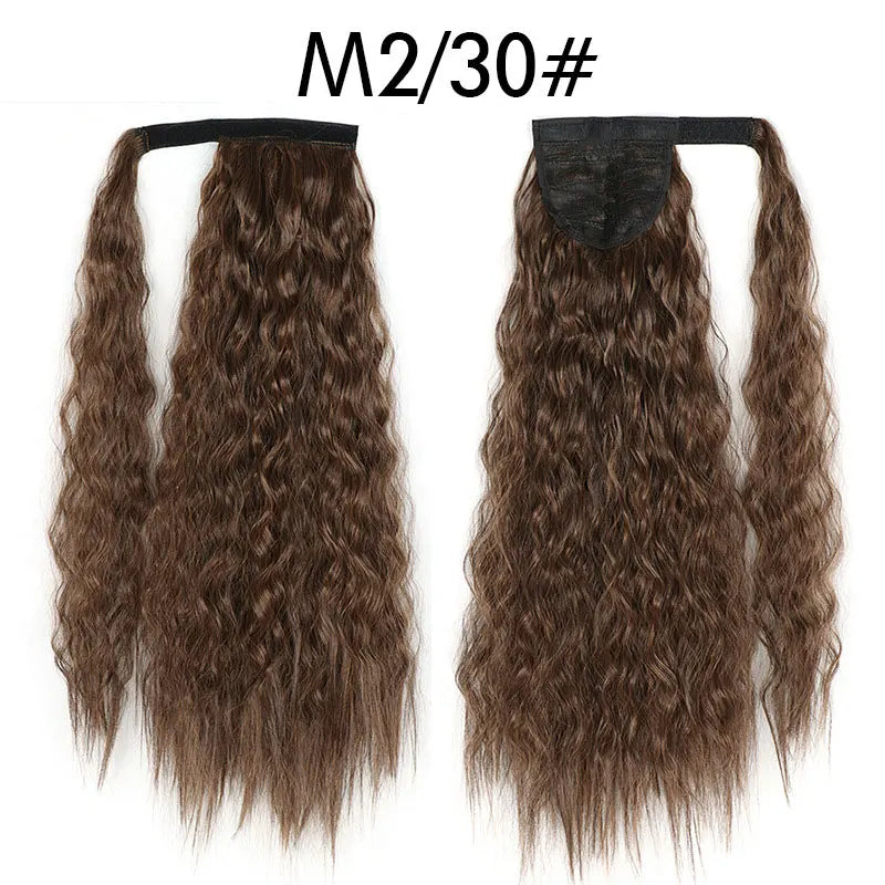 Synthetic Long Corn Wave Ponytail Extension Magic Paste Heat Resistant Wavy Wrap Around Ponytail Black Hairpiece for Women
