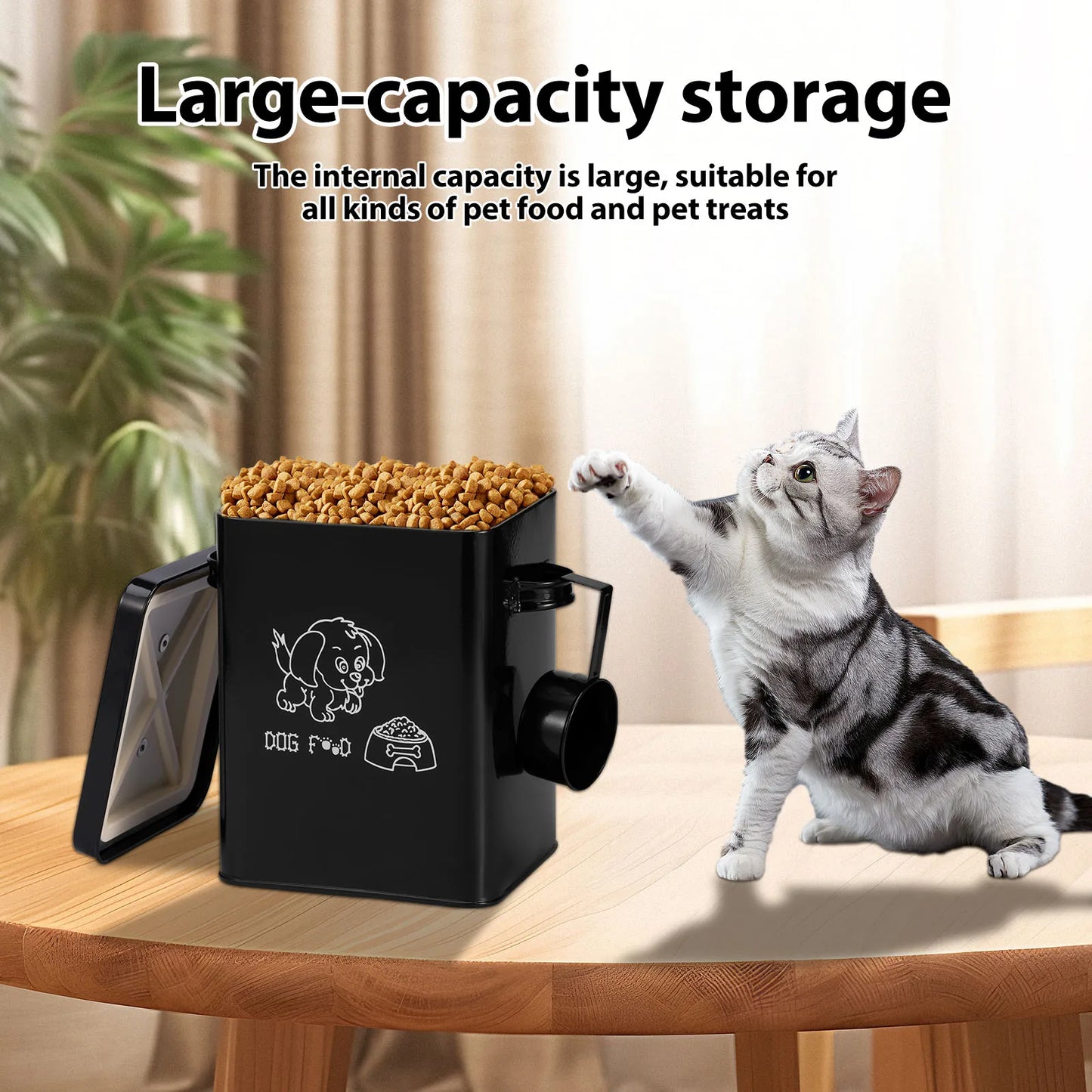Pet Food Storage Box Metal Dog Food Storage Container Large Capacity Sealing Square Cat Food Organizer with Lid and Spoon