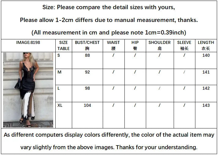 Chic Contrast Lace Embroidery Sling Dress Woman Sexy V Neck Hollow Slit Long Dress Summer New Sleeveless Irregular Evening Dress