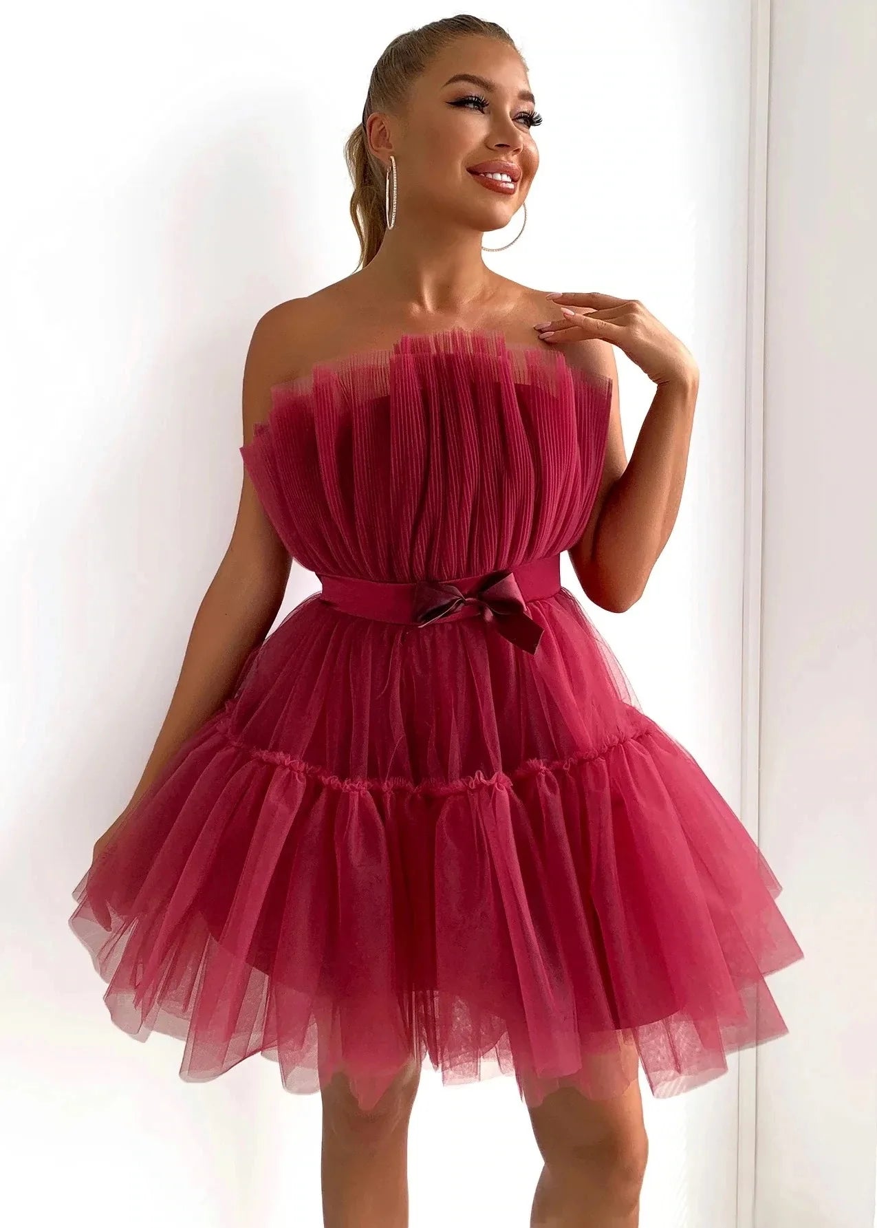 Summer Dress Women Off Shoulder Mesh Backless Tutu Tulle Lolita Pleated Dresses Women Strapless Date Ball Gown Dress Vestidos