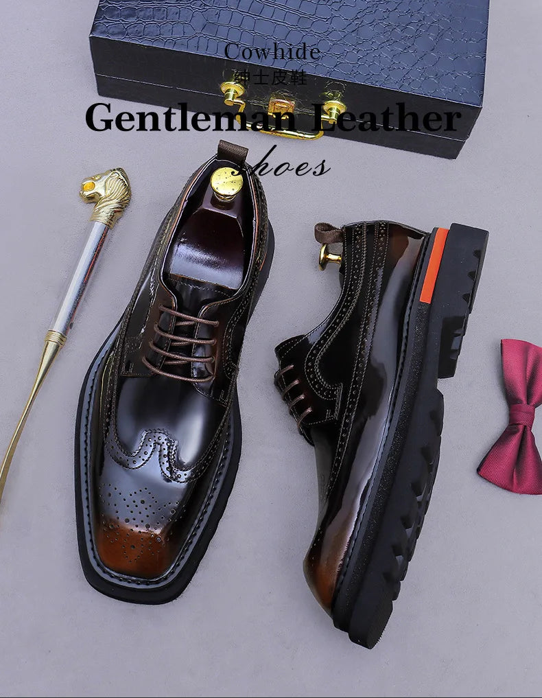 Men's Brogue Platform Oxford Shoes Genuine Leather Thick Sole Formal Dress Shoes for Men Business Casual Lace Up Luxury Oxfords