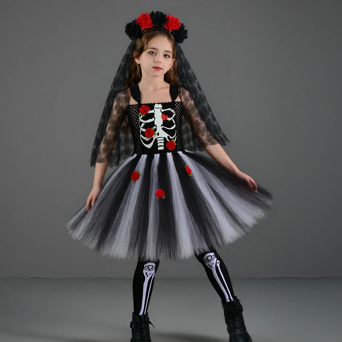 Girls Scary Skeleton Halloween Costume for Kids Zombie Corpse Bride Tutu Dress Children Day of The Dead Rose Bone Ghost Dress Up
