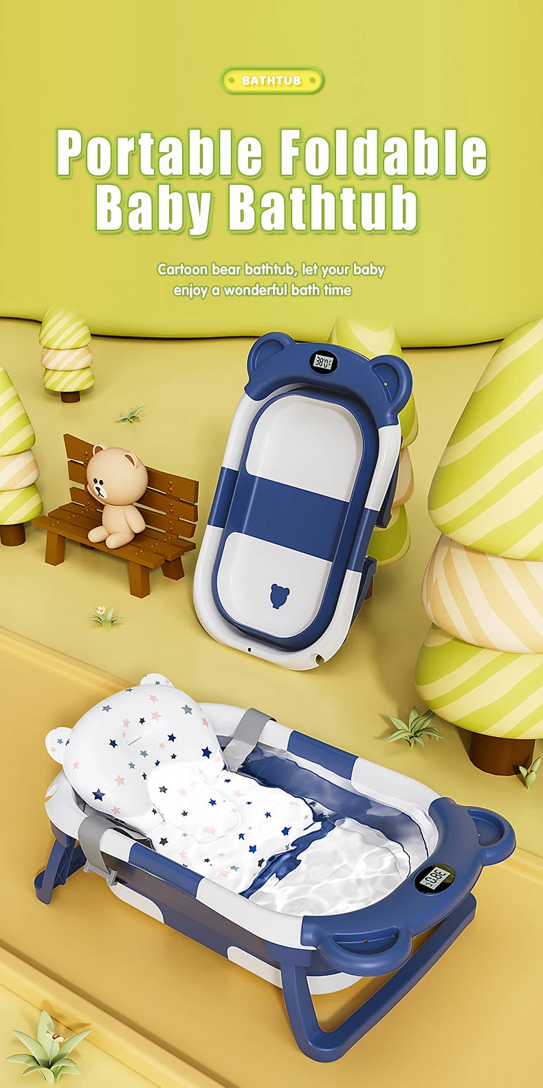 Foldable Baby Bathtub Travel Portable Toddler Bathtub Newborn to Toddler Bath Center Shower Bathtub with Temperature Sensing