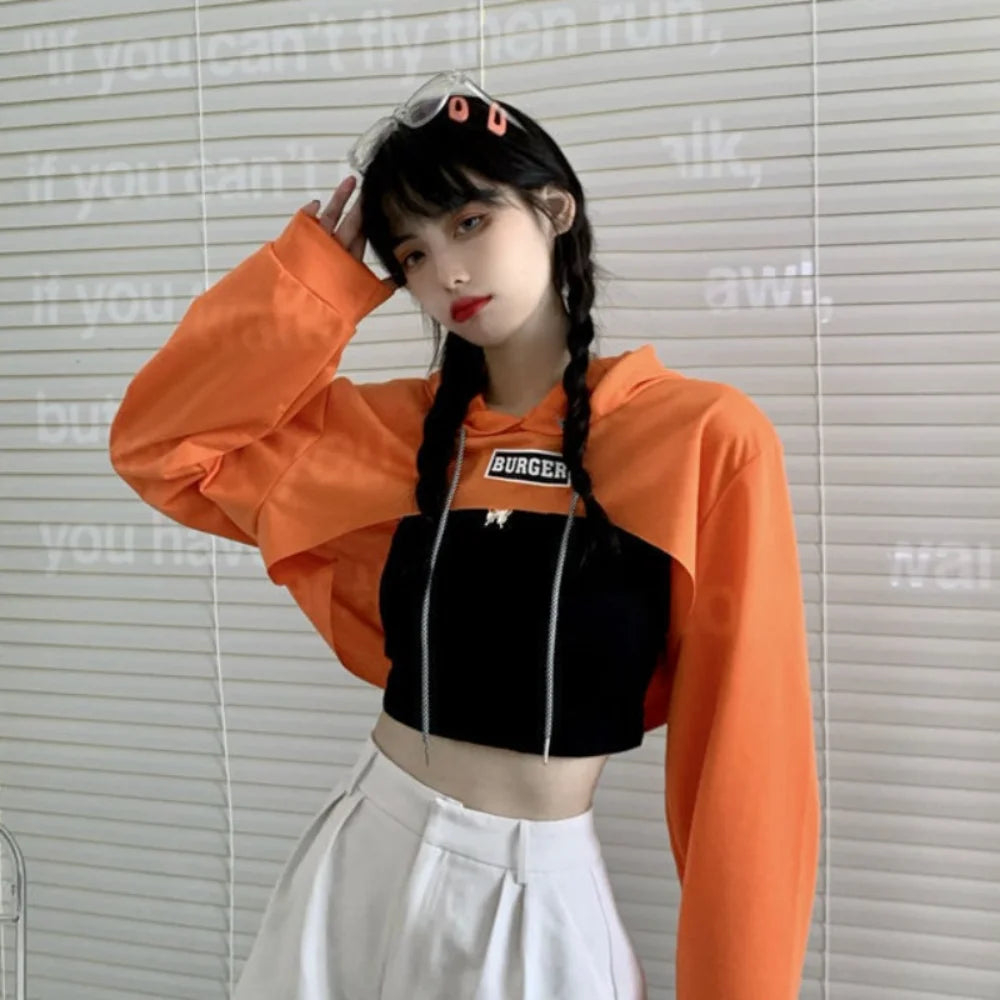 All Match Y2K Ultra Short Hoodie Loose Tees Shrug Pullover Streetwear Drawstring Women's T-shirt Summer