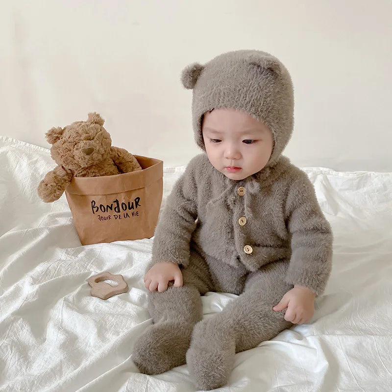 Baby Outfit Newborn Photography Props Mohair Knitted Bear Rompers Footed Jumpsuit Hat 2pcs/Sets Photography Clothing Accessories