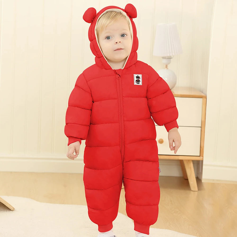 Toddlers Thick Snowsuit,Newborns Fleece Romper with Hood,Boys Girls Ski Wear,Warm Down Jumpsuit,Kids Winter Jumpsuit for 6-24M