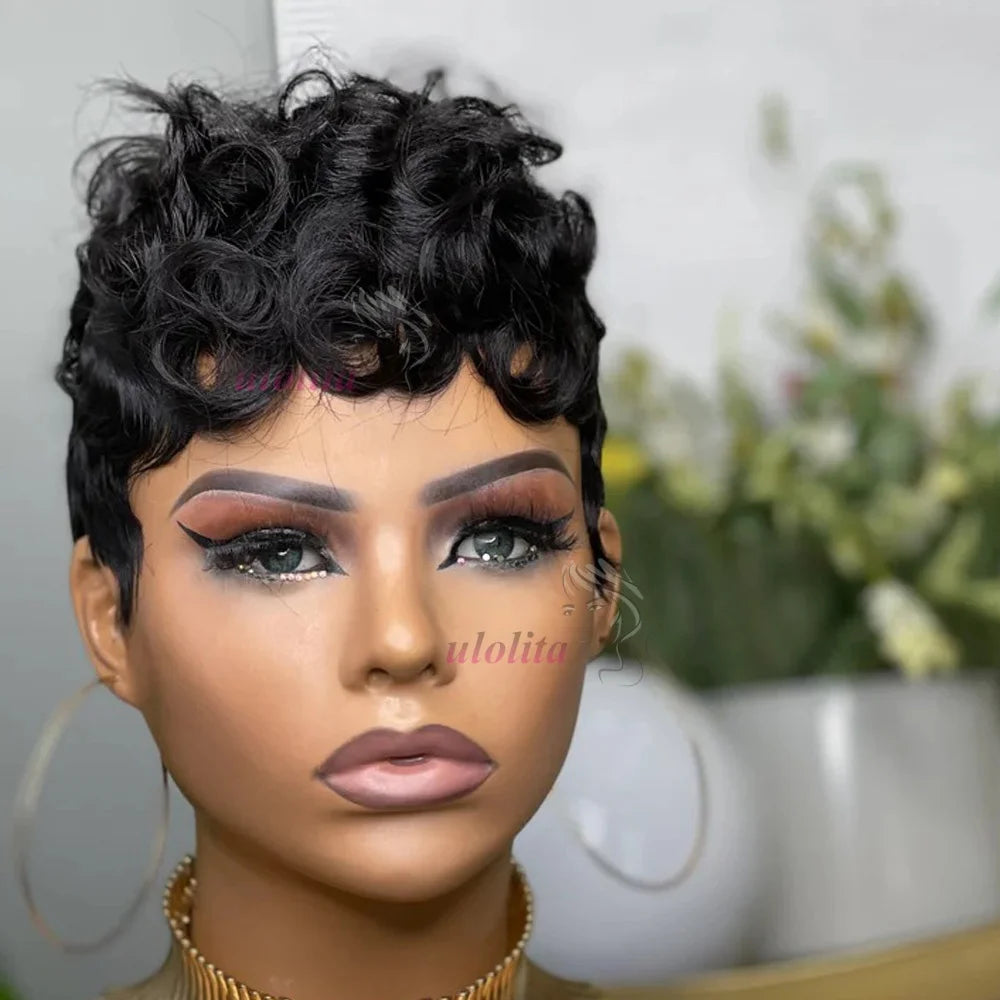 Short Deep Wave Pixie Cut Human Hair Wig Brazilian Remy Wig 180 Density Easy Daily Wear for Black Women