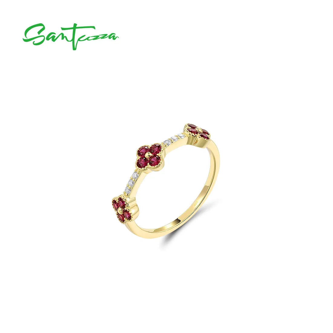 SANTUZZA 925 Sterling Silver Stackable Ring For Women Created Ruby Sapphire White CZ Delicate Flowers Wedding Gifts Fine Jewelry