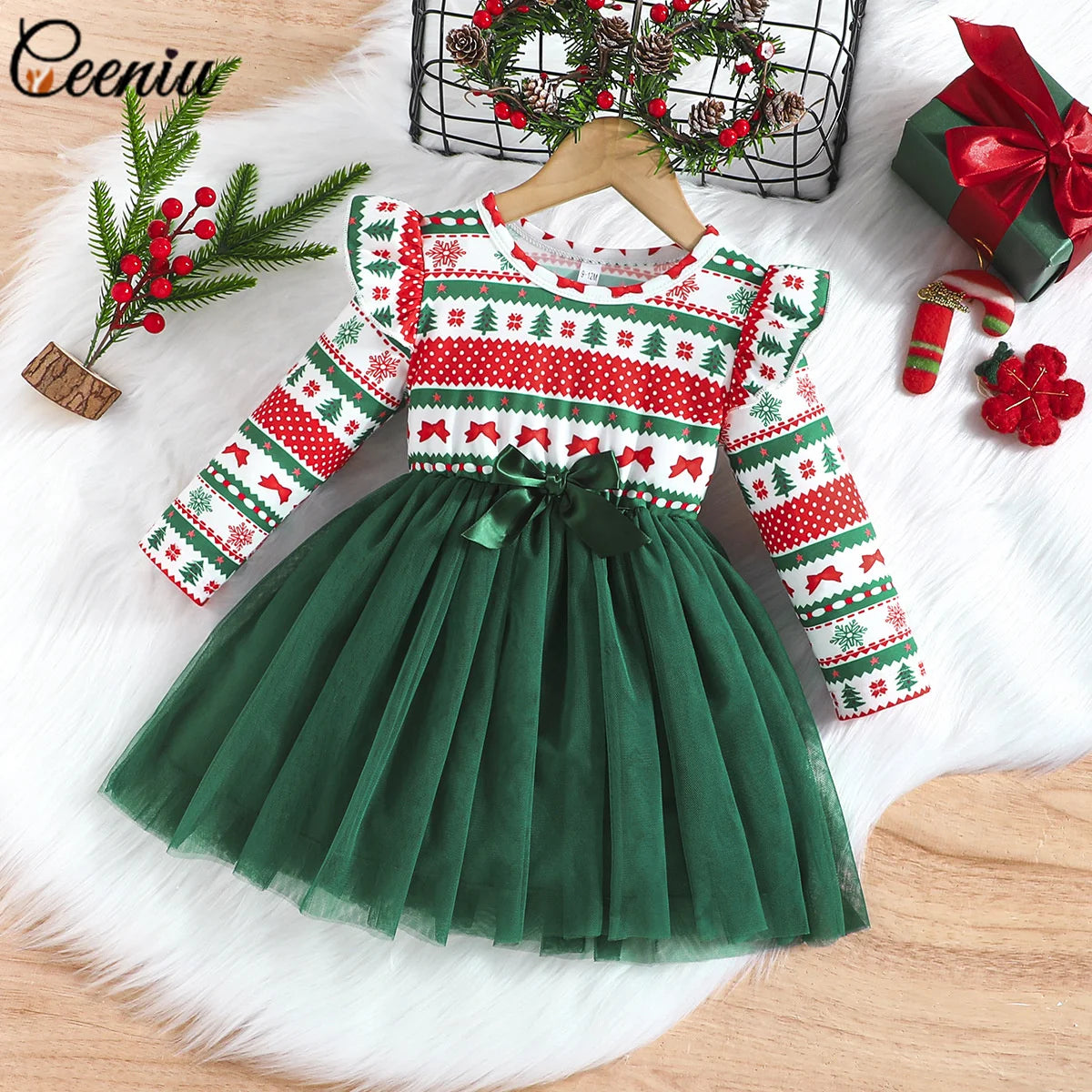 Baby Dress For New Year Green Tree Print Xmas Christmas Dress For Newborns Toddler My First New Year Girls Costumes