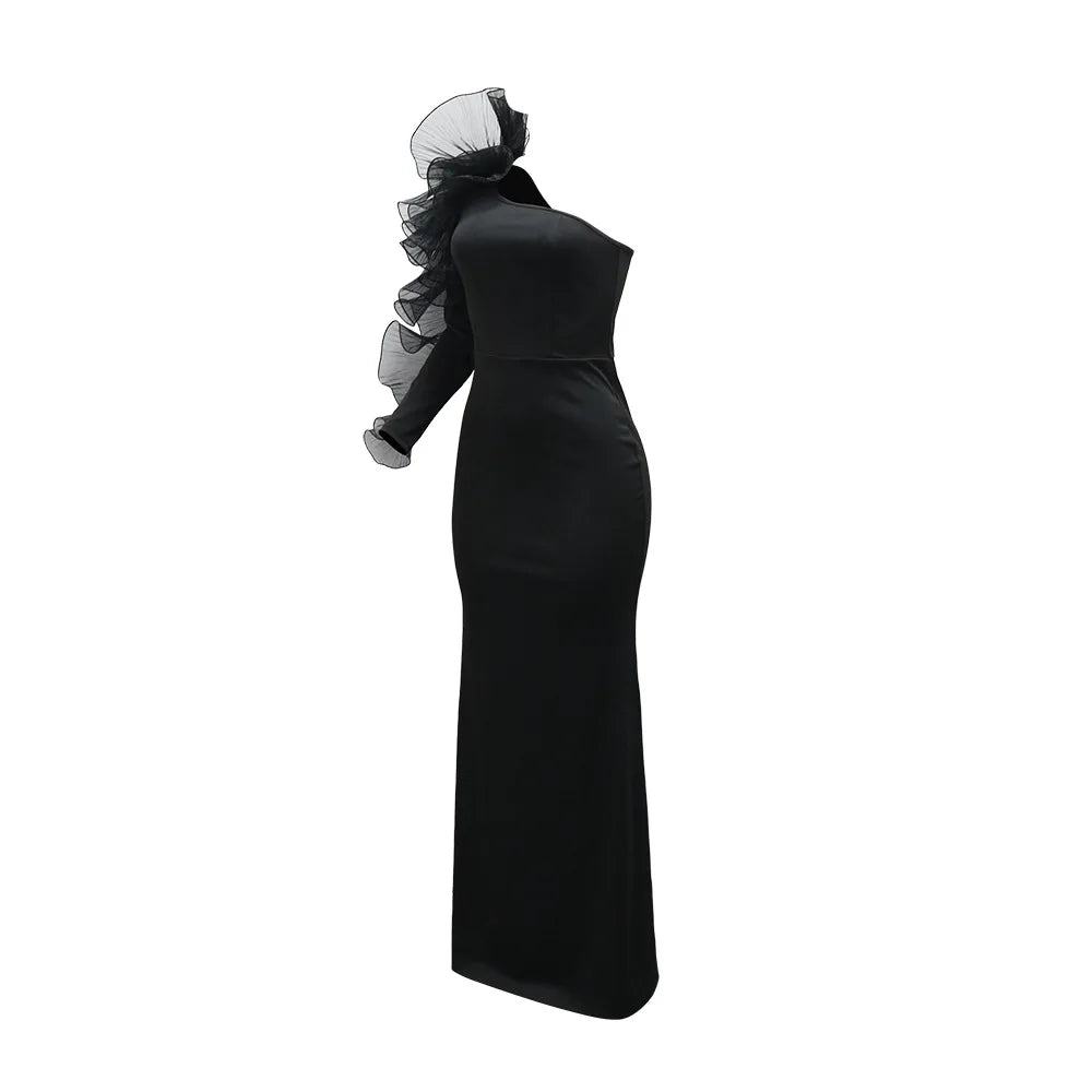 One Shoulder Long Dress Women Elegant Party Dresses Ruffles Sleeve Bodycon Evening Summer Dresses Female Birthday Dress HWY1896